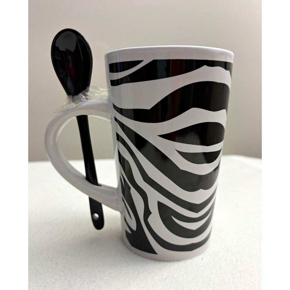 V&S Houseware Zebra Print Black/White Ceramic Coffee Mug 16oz w/ Spoon Safe